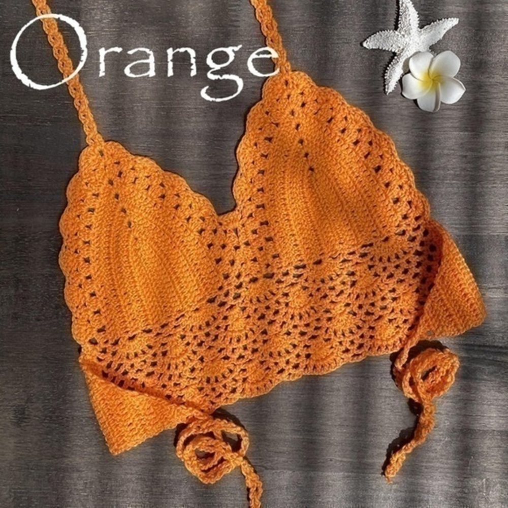 Orange Crochet Halter Triangle Bikini Top